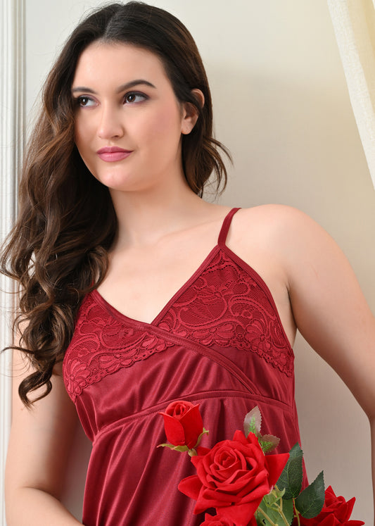 Maroon Satin Lycra V-Neck Babydoll Nightdress