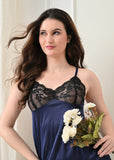 Navy Blue Satin Lycra V-Neck Lace Trim Nightgown