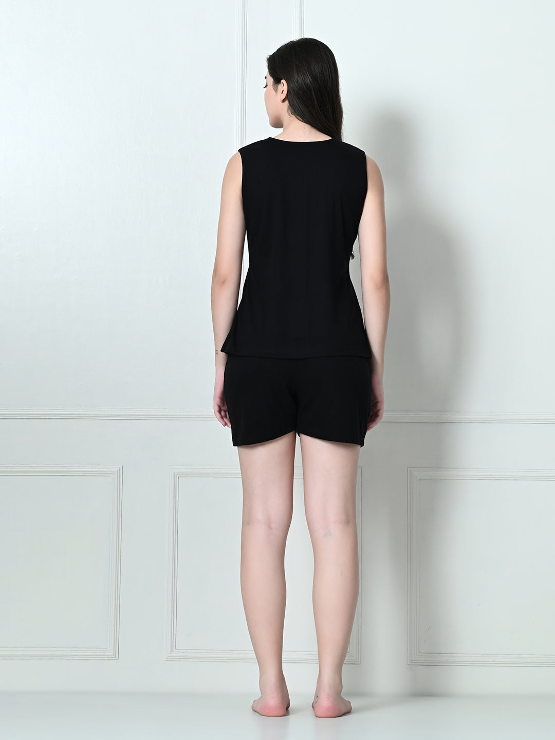 Women's Black & Red V-Neck Top & Shorts Co-ord Set