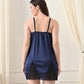 Navy Blue Satin Lycra V-Neck Lace Trim Nightgown