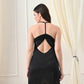 Black Satin Lycra Halter V-Neck Nightgown with Lace Back