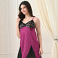 Magenta Satin Lycra V-Neck Lace Trim Nightgown