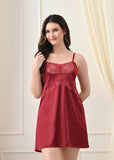Maroon Satin Lycra V-Neck Lace Trim Nightgown