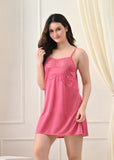Pink Satin Lycra V-Neck Lace Trim Nightgown