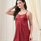 Maroon Satin Lycra V-Neck Lace Trim Nightgown