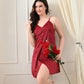 Maroon Satin Lycra V-Neck Babydoll Nightdress