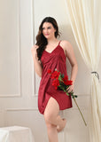 Maroon Satin Lycra V-Neck Babydoll Nightdress