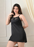 Black Satin Lycra V-Neck Lace Trim Nightgown