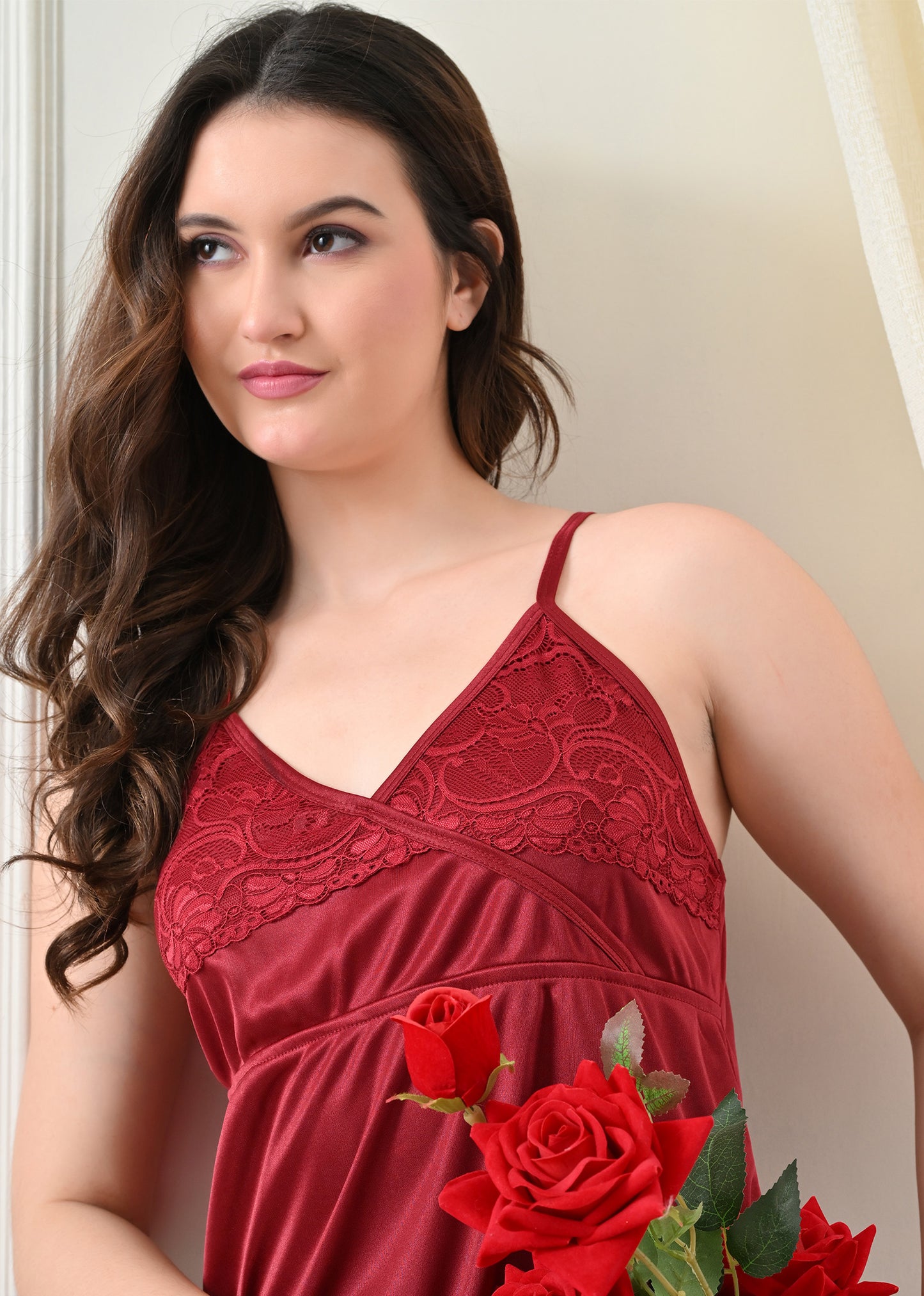 Maroon Satin Lycra V-Neck Babydoll Nightdress