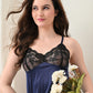 Navy Blue Satin Lycra V-Neck Lace Trim Nightgown