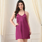 Magenta Satin Lycra Halter V-Neck Nightgown with Lace Back