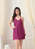 Magenta Satin Lycra Halter V-Neck Nightgown with Lace Back