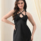 Black Satin Lycra V-Neck Nightgown with Criss-Cross Back