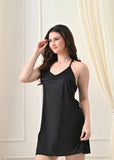 Black Satin Lycra Halter V-Neck Nightgown with Lace Back