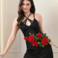 Black Satin Lycra V-Neck Nightgown with Criss-Cross Back