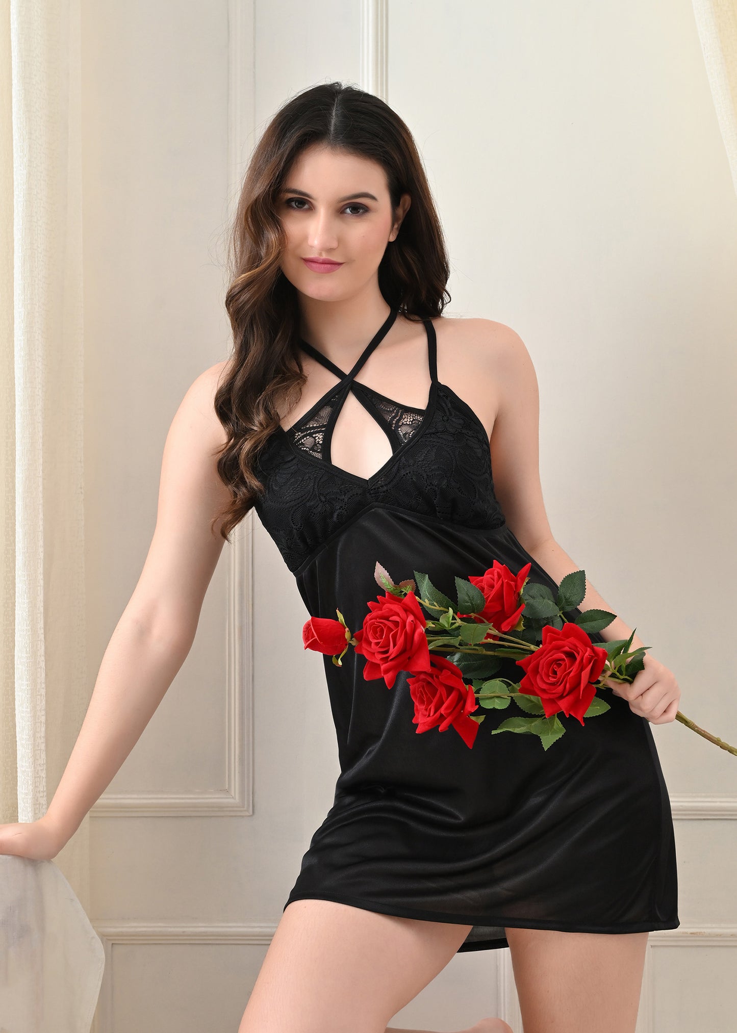 Black Satin Lycra V-Neck Nightgown with Criss-Cross Back