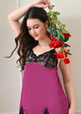 Magenta Satin Lycra V-Neck Lace Trim Nightgown