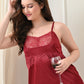 Maroon Satin Lycra V-Neck Lace Trim Nightgown