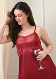 Maroon Satin Lycra V-Neck Lace Trim Nightgown