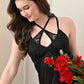 Black Satin Lycra V-Neck Nightgown with Criss-Cross Back