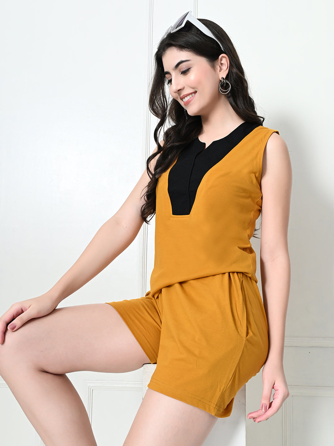 Women's Mustard Sleeveless Top & Shorts Co-ord Set