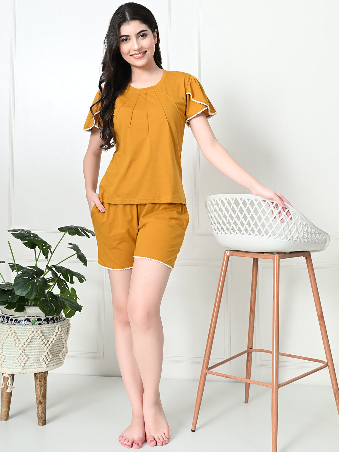 Women's Mustard Yellow Half Sleeve T-Shirt & Shorts Co-ord Set