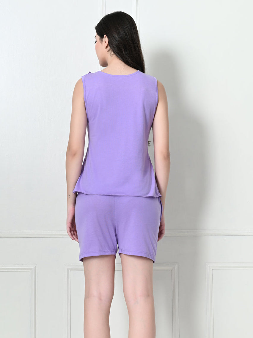 Women's Lavender Sleeveless T-Shirt & Shorts Co-ord Set