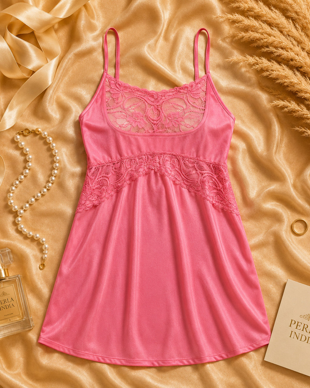 Pink Satin Lycra Babydoll Set — Style II