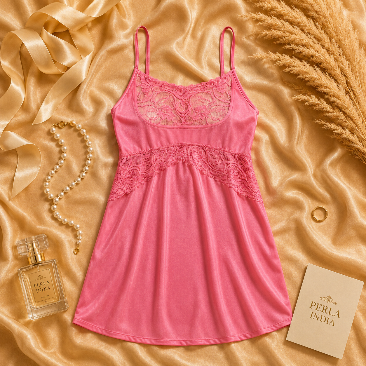 Pink Satin Lycra Babydoll Set — Style II