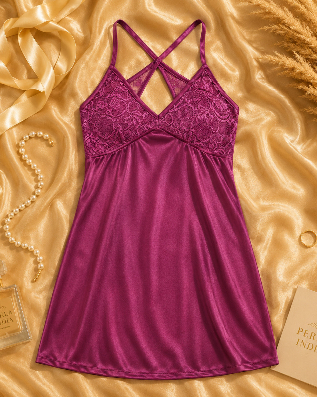 Wine Satin Lycra Cross-Back Babydoll Set