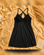 Black Satin Lycra Cross-Back Babydoll Set