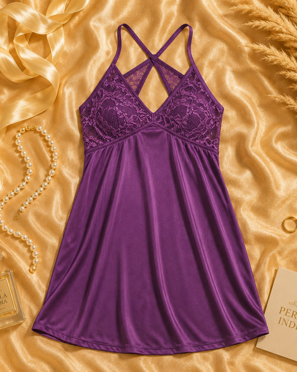 Purple Satin Lycra Cross-Back Babydoll Set