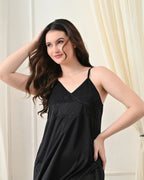 Black Satin Lycra Babydoll Set with Adjustable Straps