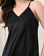 Black Satin Lycra Babydoll Set with Adjustable Straps