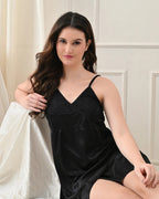 Black Satin Lycra Babydoll Set with Adjustable Straps