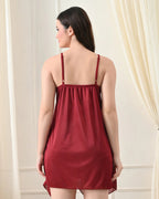 Maroon Satin Lycra Babydoll Set with Adjustable Straps