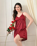Maroon Satin Lycra Babydoll Set with Adjustable Straps