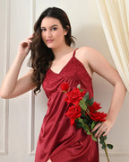 Maroon Satin Lycra Babydoll Set with Adjustable Straps