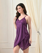 Purple Satin Lycra Babydoll Set with Adjustable Straps