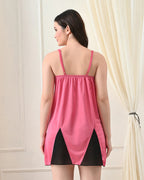 Pink Satin Lycra Babydoll Set with Adjustable Straps