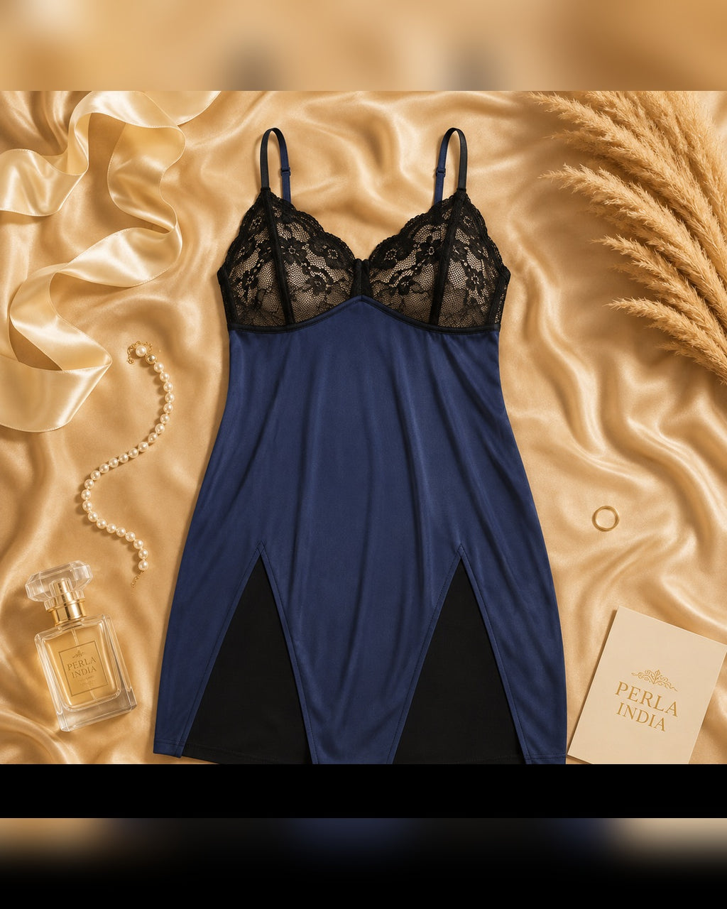 Navy Blue Satin Lycra Babydoll Set with Adjustable Straps