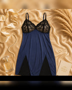 Navy Blue Satin Lycra Babydoll Set with Adjustable Straps