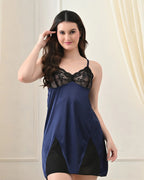 Navy Blue Satin Lycra Babydoll Set with Adjustable Straps
