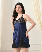 Navy Blue Satin Lycra Babydoll Set with Adjustable Straps