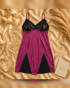 Wine Satin Lycra Babydoll Set with Adjustable Straps