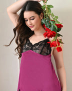 Wine Satin Lycra Babydoll Set with Adjustable Straps