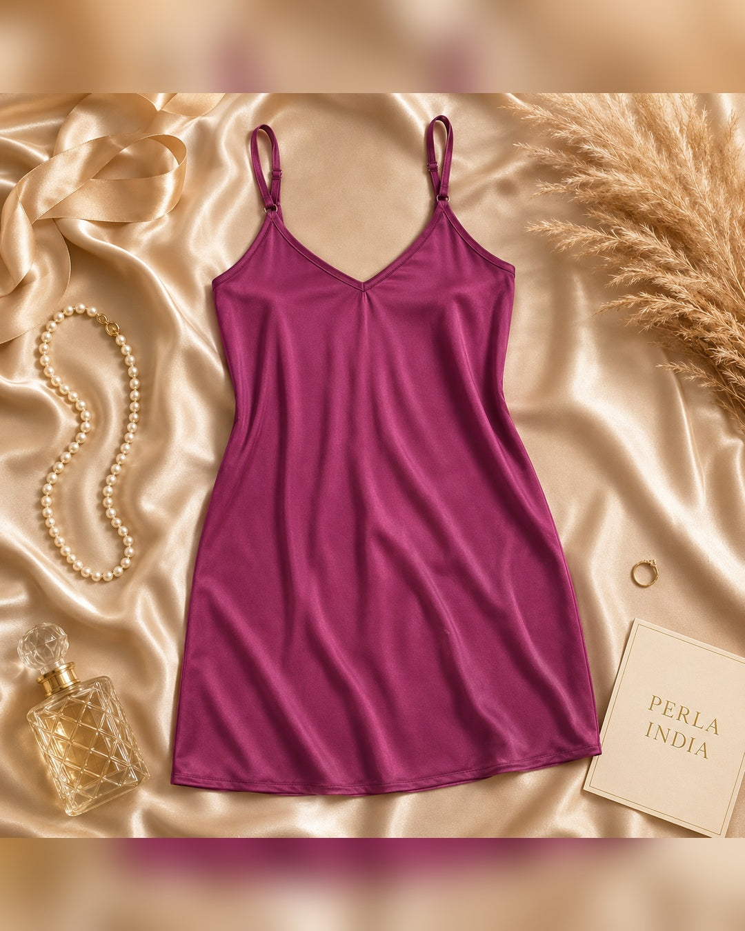 Wine Satin Lycra Babydoll Set — Style II