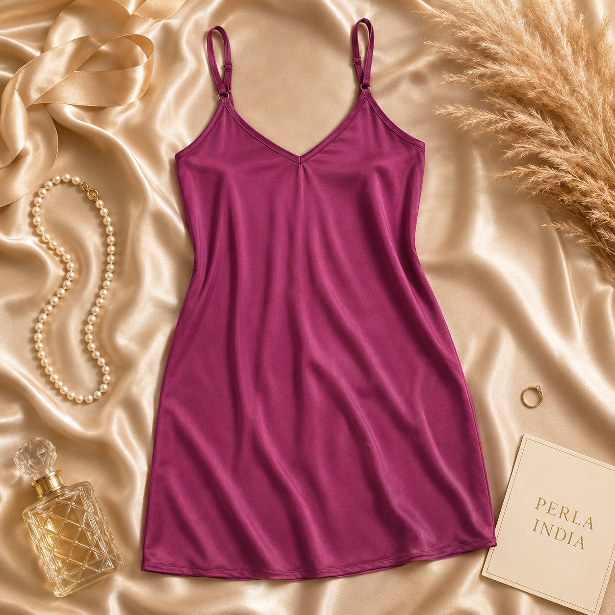 Wine Satin Lycra Babydoll Set — Style II