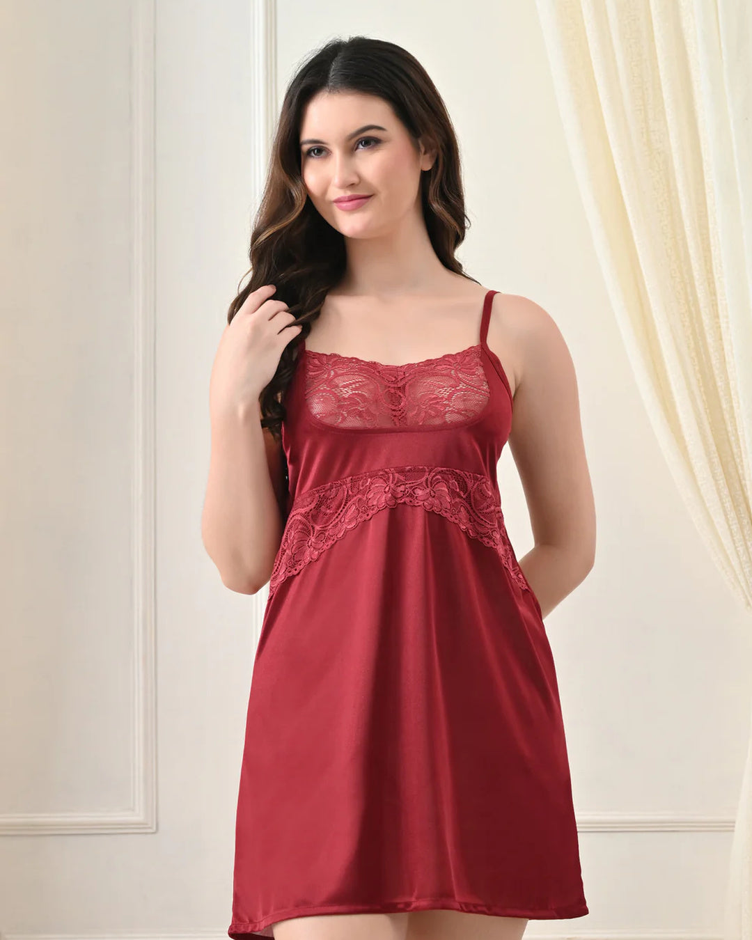 Maroon Satin Lycra Babydoll Set — Style II