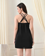 Black Satin Lycra Cross-Back Babydoll Set